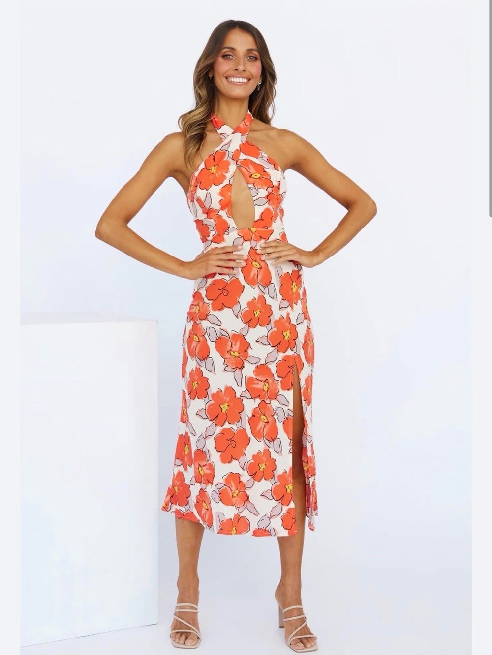Floral Halter Midi Dress in Orange and Cream